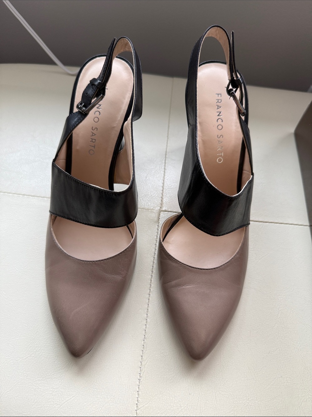 Franco Sarto Taupe and Black Pointed-Toe Slingback Pumps